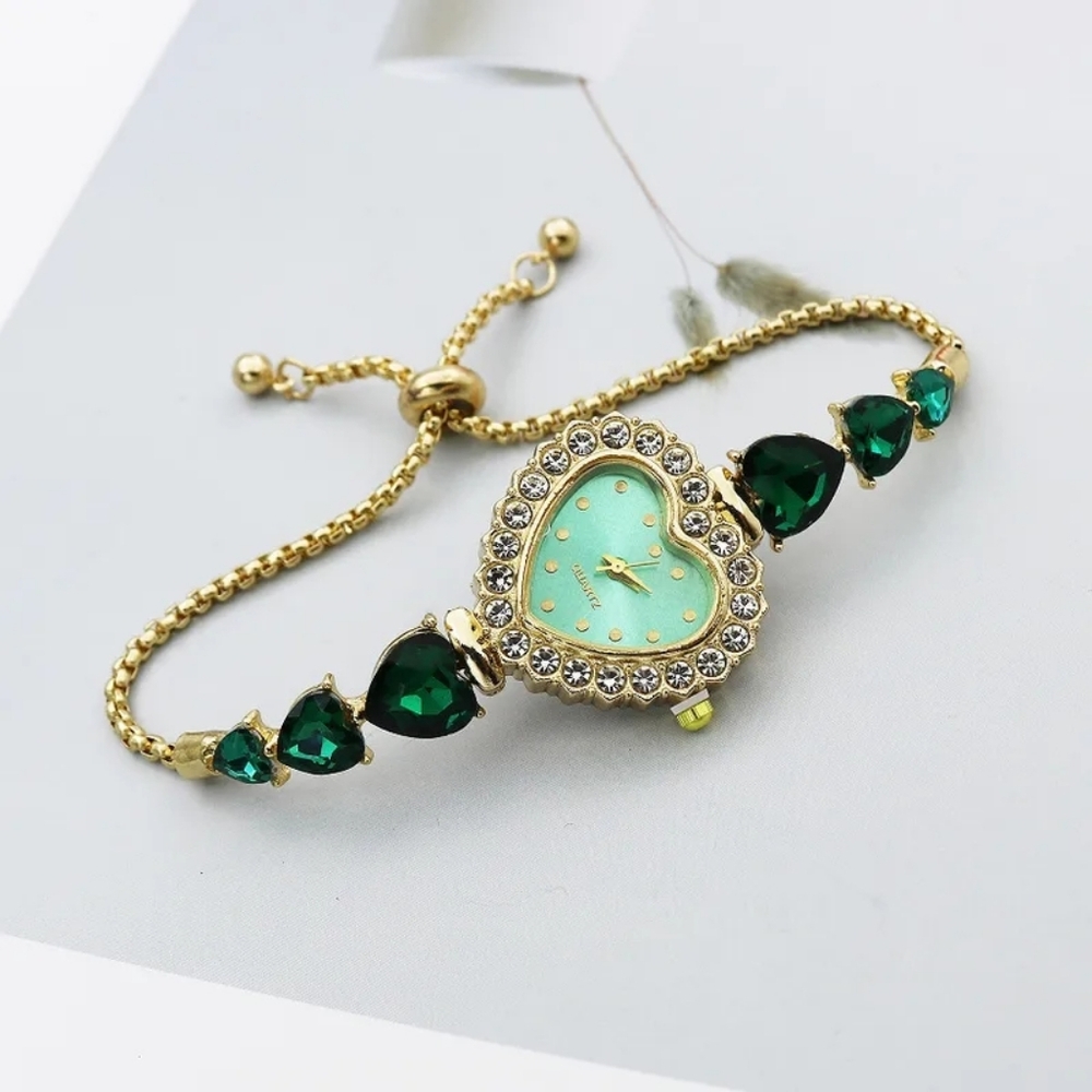 Vintage Green Casual Heart Shape Jewelry With Rhinestones Womens Watch